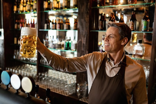 Happy mid adult bartender working in a pun and holding a glass of beer.