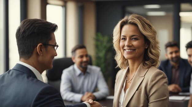 Happy mid aged business woman manager handshaking at modern office