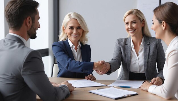 Happy mid aged business woman manager handshaking at office meeting