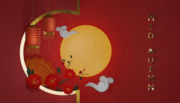 Photo happy mid autumn festival fullmoon background chinese red flower concept of chinese festival celebration gong xi fa cai 3d rendering illustration