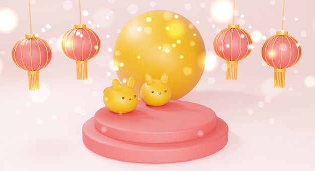 Happy Mid Autumn festival with cute bunny and Chinese lantern, 3d rendering.