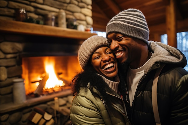 Happy middle age black couple hugging near fireplace in winter forest cabin AI Generated Content