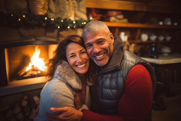 Photo happy middle age couple hugging near a fireplace indoor winter forest cabin ai generated content