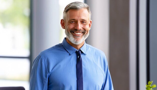 Photo happy middle aged business executive standing in office smiling 50 year old mature looking at camera