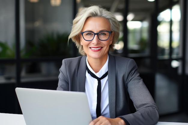 happy middle aged caucasian business woman looking at camera sitting at laptop