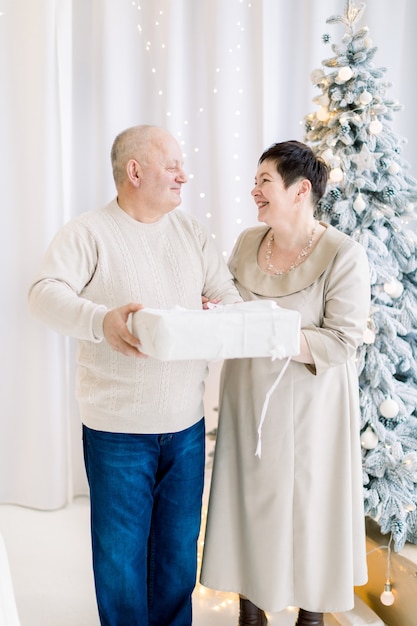 Happy middle aged couple holding gift box while posing near Christmas tree