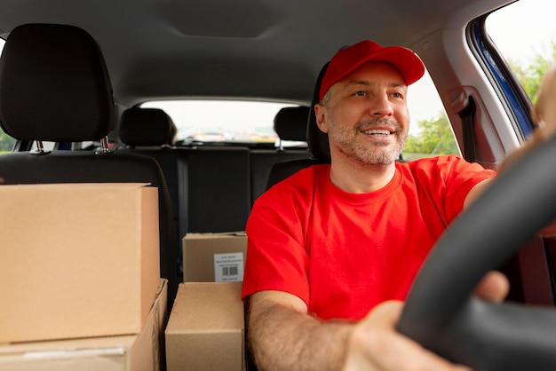 Happy middle aged man courier driving car and smiling delivery and shipping concept