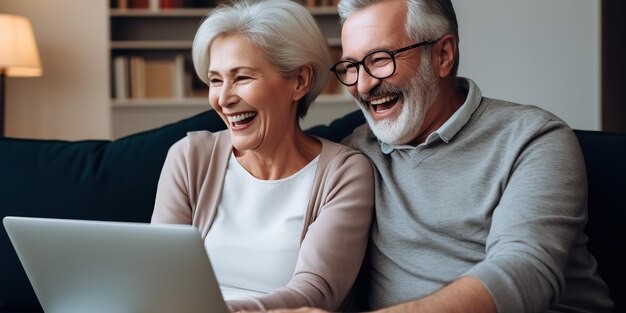 Happy middle aged married couple having fun using laptop computer at home