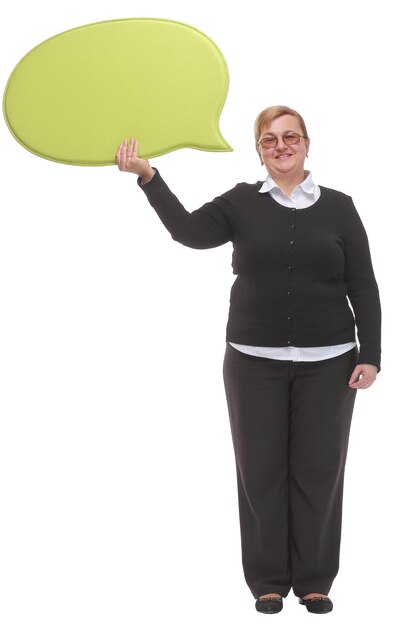 Happy middle aged woman holding speech bubble on white background