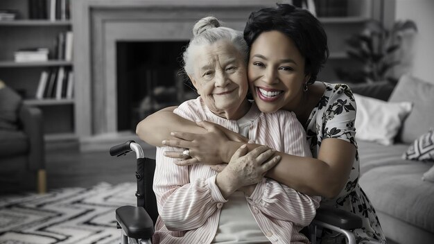 Happy middle aged woman hugging senior lady