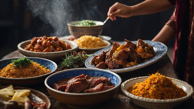 Foto una felice famiglia del medio oriente condivide il pane pita al tavolo da pranzo durante il ramadan generative di ai