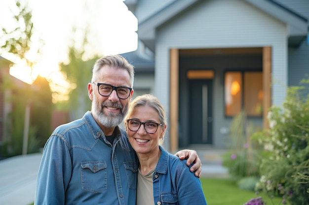 Happy middleage Caucausian couple in front of new home Concept of renting mortgage social housing