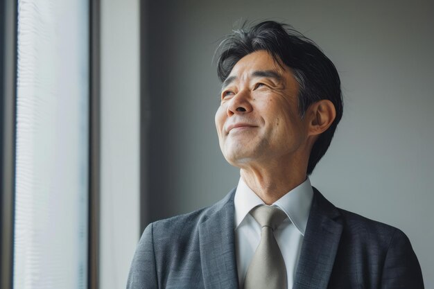 행복한 중년 일본인 사업가가 복사 공간을 쳐다보고 웃는 자신감