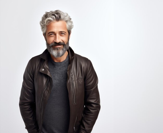 Photo happy middleaged man with beard and in leather jacket portrait