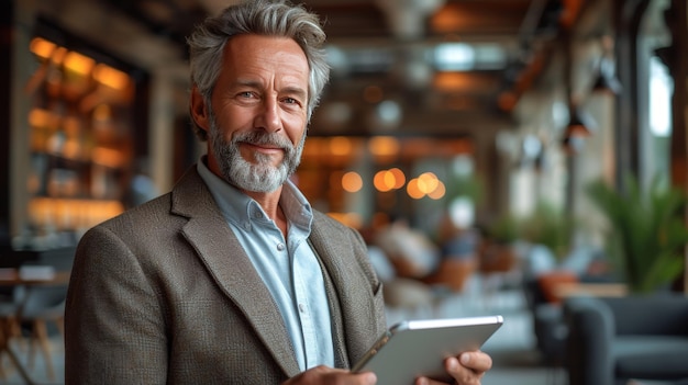 The happy middleaged professional executive manager is working on his digital tablet in his office Smiling mature businessman professional executive manager looks away while concentrating on a tech
