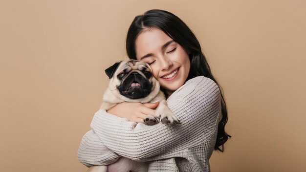 사진 happy millennial girl with pug dog embraces favorite pet with love keeps eyes closed smiles gently