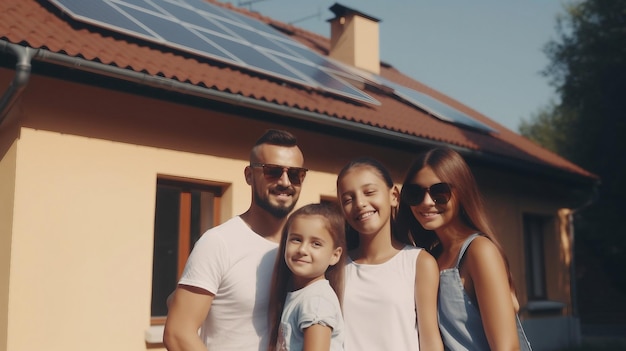 Happy mix race family in front of their smart house with solar panels ai generated