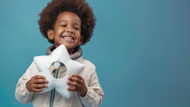 Happy mixed race child playing astronaut with handcrafted spacecraft