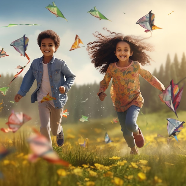 Happy mixed race children with kites running on grass Ai Generative