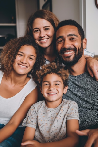 Happy mixed race family at home together created with generative ai