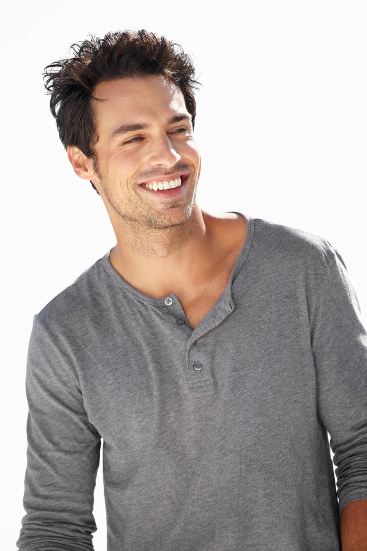 Photo happy model or man laughing with fashion trendy or cool casual clothes with a smile in germany style young or funny handsome person with a stylish modern outfit isolated on white background