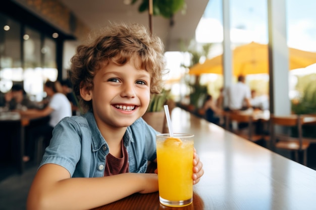 happy modern child boy with a glass of fresh juice drink on the background of youth restaurant and cafe