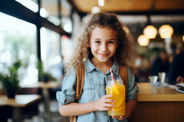 happy modern child girl with a glass of fresh juice drink on the background of youth restaurant and cafe