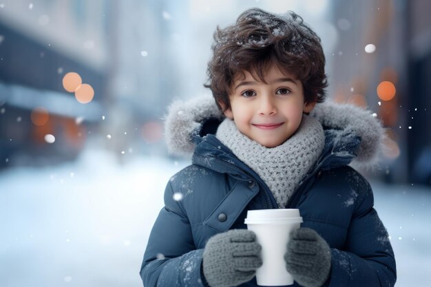 Foto un felice ragazzo indiano moderno con un bicchiere di bevanda calda nella stagione invernale sullo sfondo della città della neve