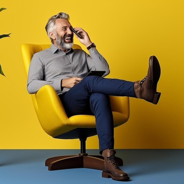 Photo happy modern trendy gray bearded man in stylish dark blue shirt suspenders and gray pants sitting on