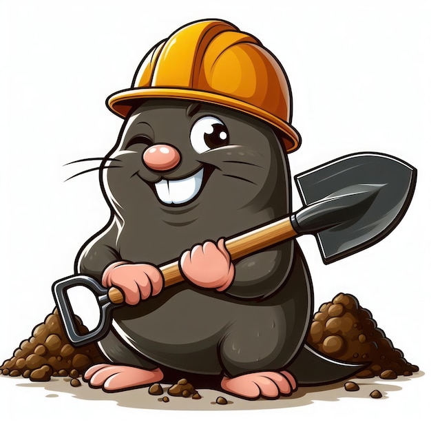 Photo happy mole with shovel on white background