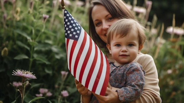 写真 アメリカ国旗を掲げて 7 月 4 日の独立記念日を祝う幸せな母親と息子生成 ai テクノロジーで作成