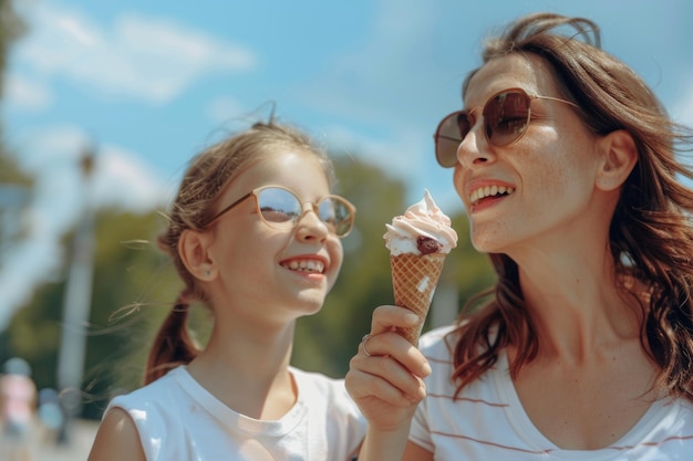 Happy mom and daughter enjoy ice cream in park