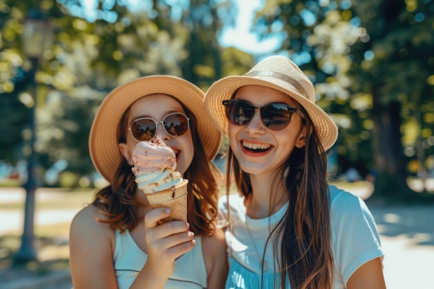 Happy mom and daughter enjoy ice cream in park