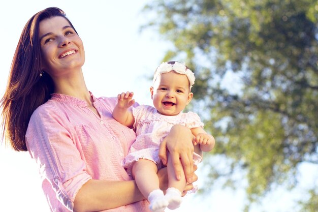 Happy mom and daughter playing at nature