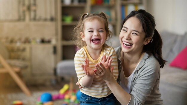 Foto mamma felice e sua figlia si divertono a casa