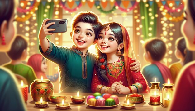 Счастливый момент между братом и сестрой во время индийского фестиваля Дивали Bhai Dooj