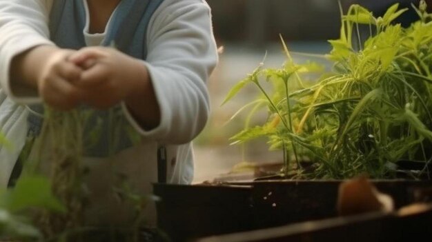 happy moment of little child playing in home garden