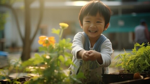 写真 家の庭で遊んでいる小さな子供の幸せな瞬間