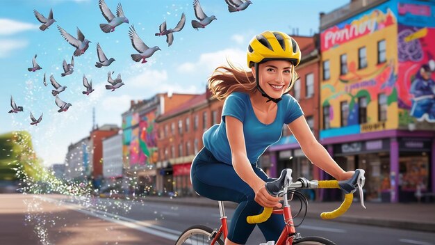 Photo happy monday concept with woman on bicycle