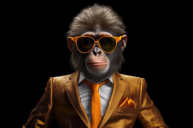 Happy Monkey In Suit And Sunglasses On Black Background Generative AI