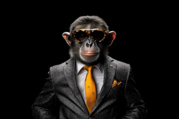 黒の背景にスーツとサングラスを着た幸せな猿生成 AI
