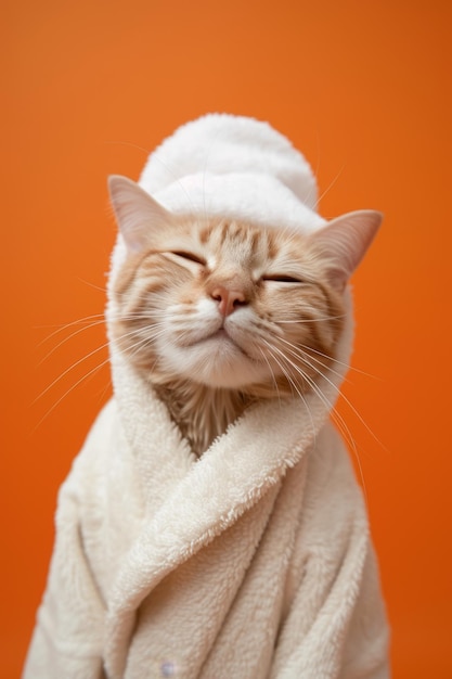 A happy morning image A redhaired cat in a bathrobe and with a towel on his head rejoices on an orange background