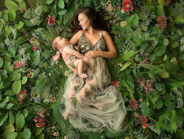 happy mother and baby laying in the green grass