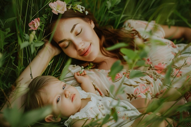 happy mother and baby laying in the green grass