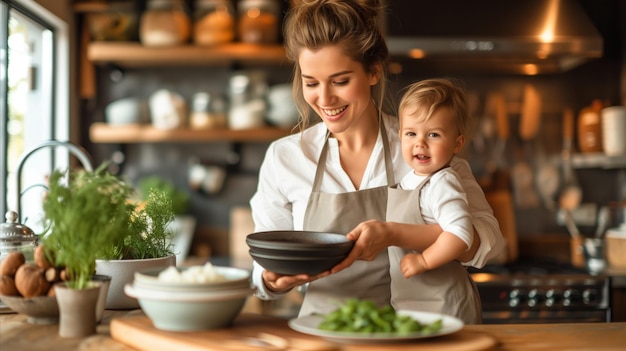 Happy mother and child preparing meal together in home kitchen