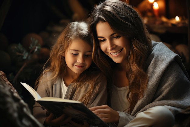 幸せな母と子が家で本を読んで一緒に微笑んでいる 家のソファに座って物語を読んでいる 生成 AI で作成