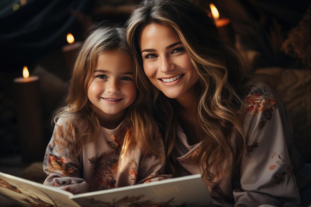 Happy mother and child reading a book and smiling together at home Reading a story sitting on couch at home Created with generative AI