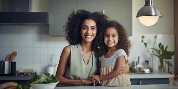 Photo happy mother and children in the kitchen healthy food family cooking concept