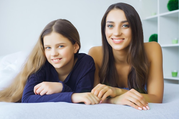 Happy mother and daughter lying in bed