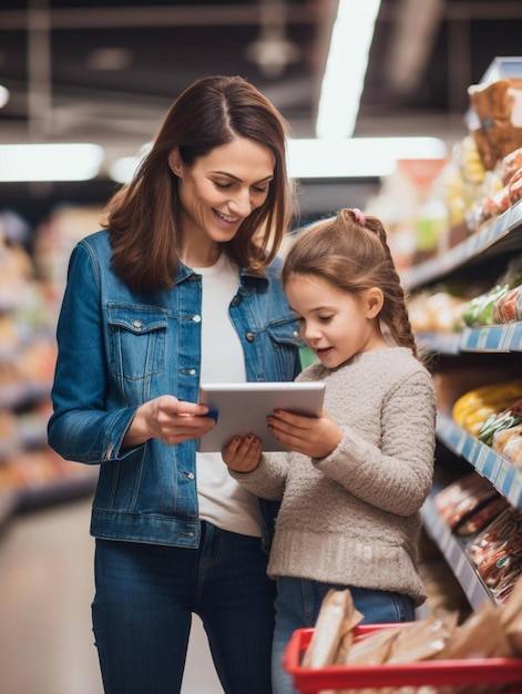 幸せな母と娘がスーパーマーケットで買い物をしている間商品情報を読んでいます